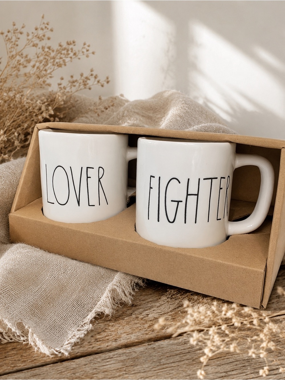 Rae Dunn Lover‎ & Fighter Mug Farmhouse Ceramic Coffee Cup Set